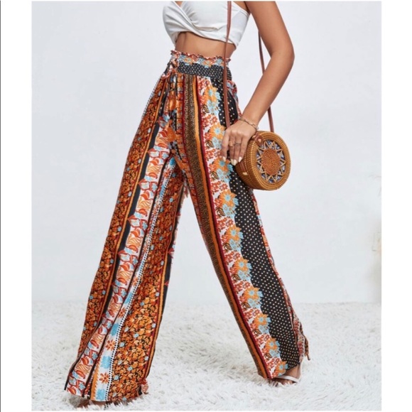Pants - Boho Paisley Floral Polka Dot Print High Waist Rise Wide Leg Palazzo Pants